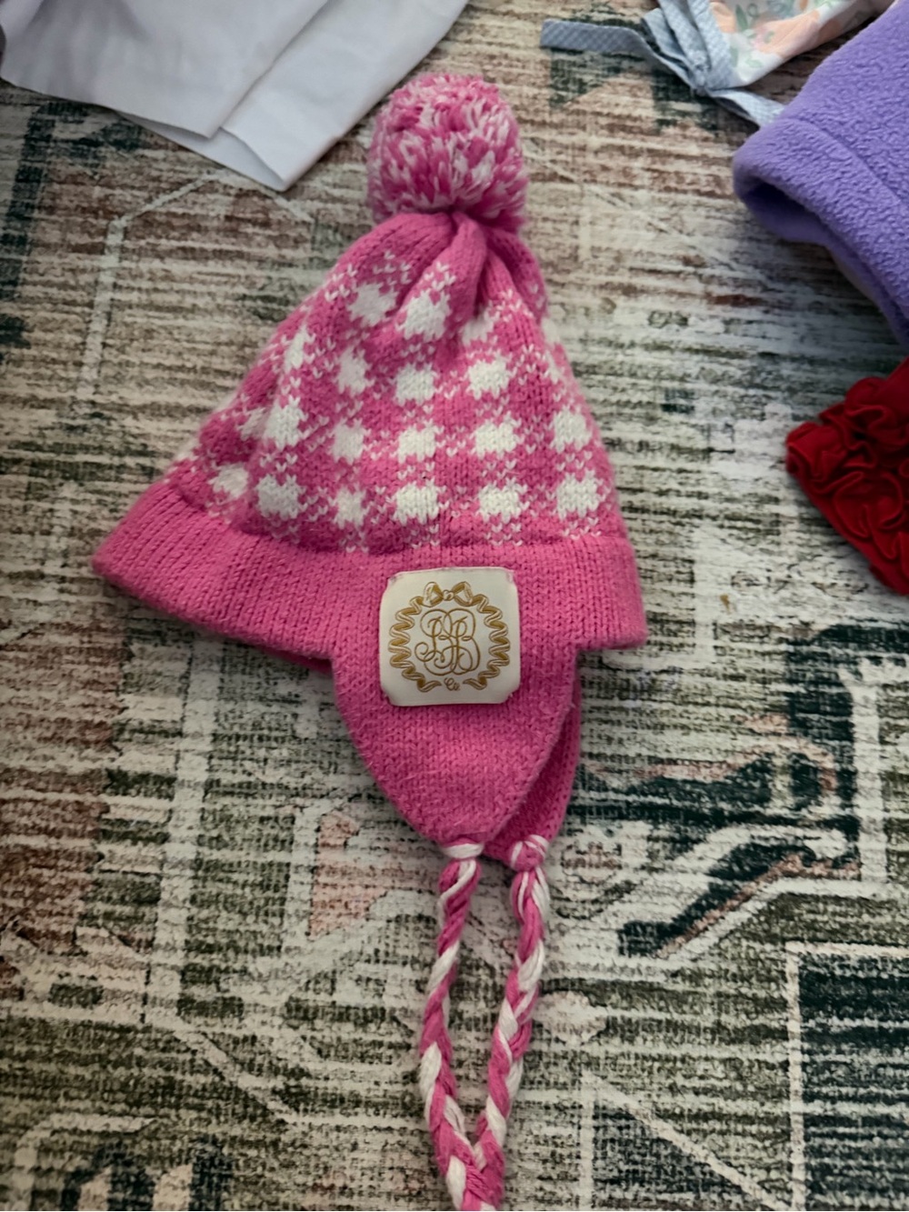 The Children's Place Pink and White Knit Earflap Pom Hat